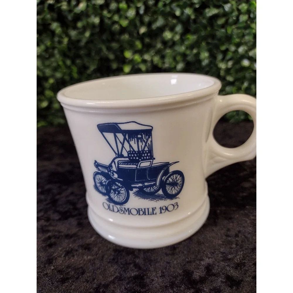 Vintage Surrey Milk Glass Shaving Mug 1903 Oldsmobile Blue Graphic Made in USA